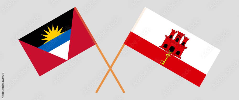 Crossed flags of Antigua and Barbuda and Gibraltar. Official colors. Correct proportion