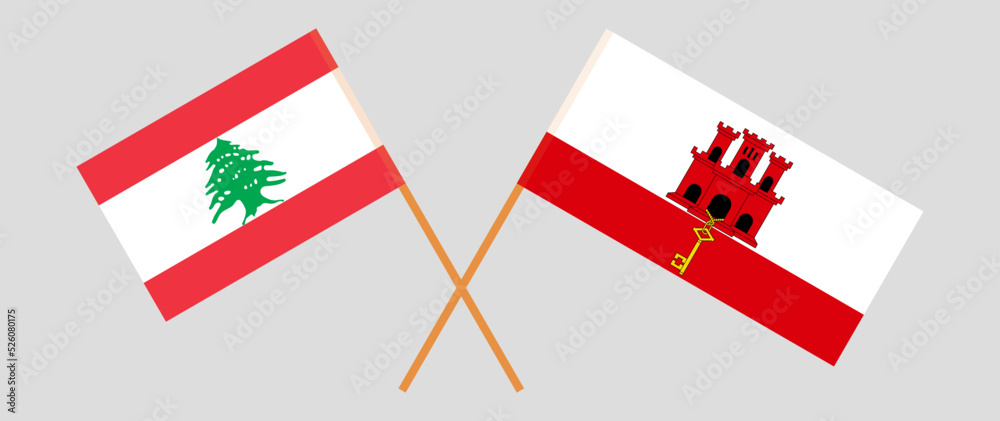Crossed flags of the Lebanon and Gibraltar. Official colors. Correct proportion