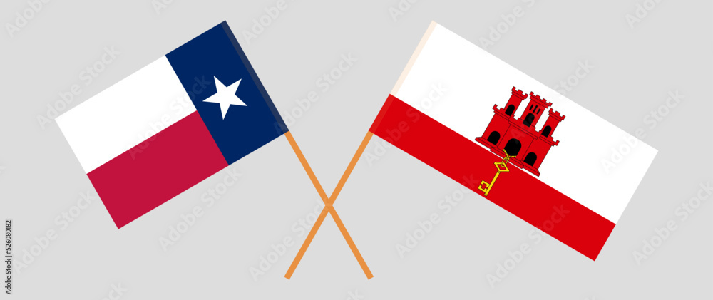 Crossed flags of the State of Texas and Gibraltar. Official colors. Correct proportion