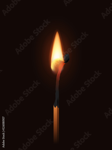 Match stick with flame, 3d realistic half burnt matchstick with bright hot flame