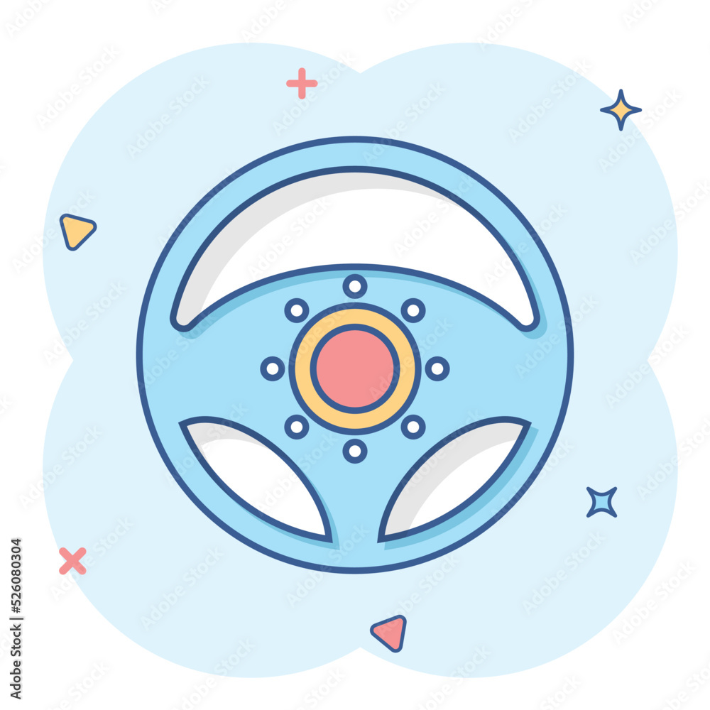 Vector cartoon steering wheel icon in comic style. Rudder wheel sign illustration pictogram. Steering business splash effect concept. Vector cartoon steering wheel icon in comic style. Rudder wheel sign illustration pictogram. Steering business splash effect concept.