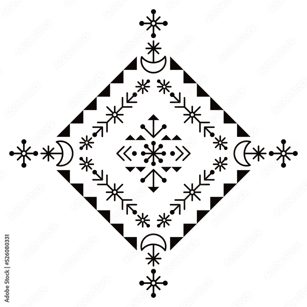 Icelandic rune folk art style tribal line art design with moons, flowers and geometric shapes
