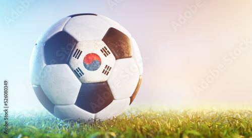 Football soccer ball with flag of South Korea on grass