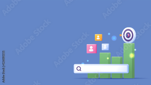 SEO ranking and analysis. target marketing and search optimization. most trending and top searches. graphic data symbols, search engines, darts and arrows, accounts. elements illustration. concept