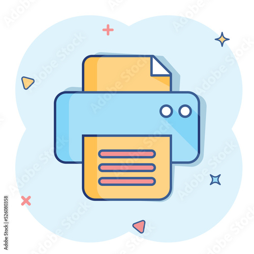 Vector cartoon printer icon in comic style. Document printing sign illustration pictogram. Printer business splash effect concept.