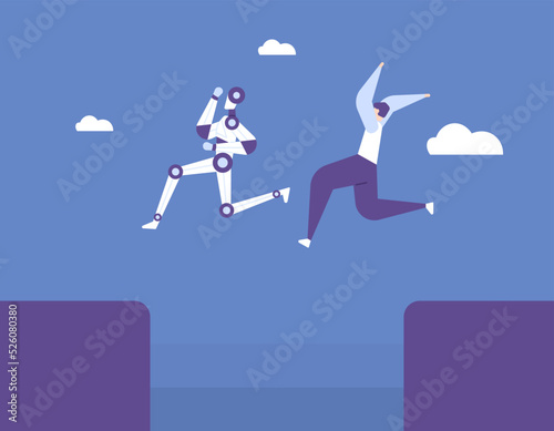 compete with robots. Humans and robots race through the obstacles. improve skills so as not to lose to technology. future technology. flat cartoon illustration. vector concept design