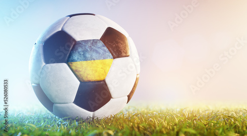 Football soccer ball with flag of Ukraine on grass