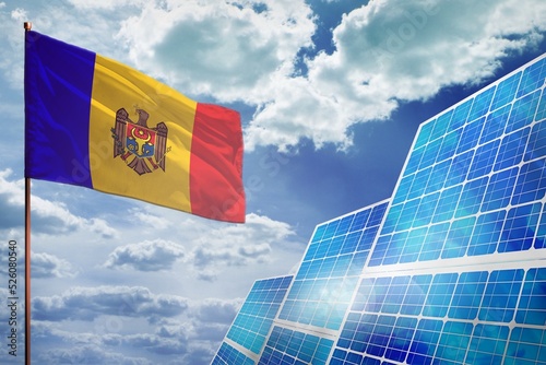 Moldova solar energy, alternative energy industrial concept with flag industrial illustration - fight with global climate changing, 3D illustration