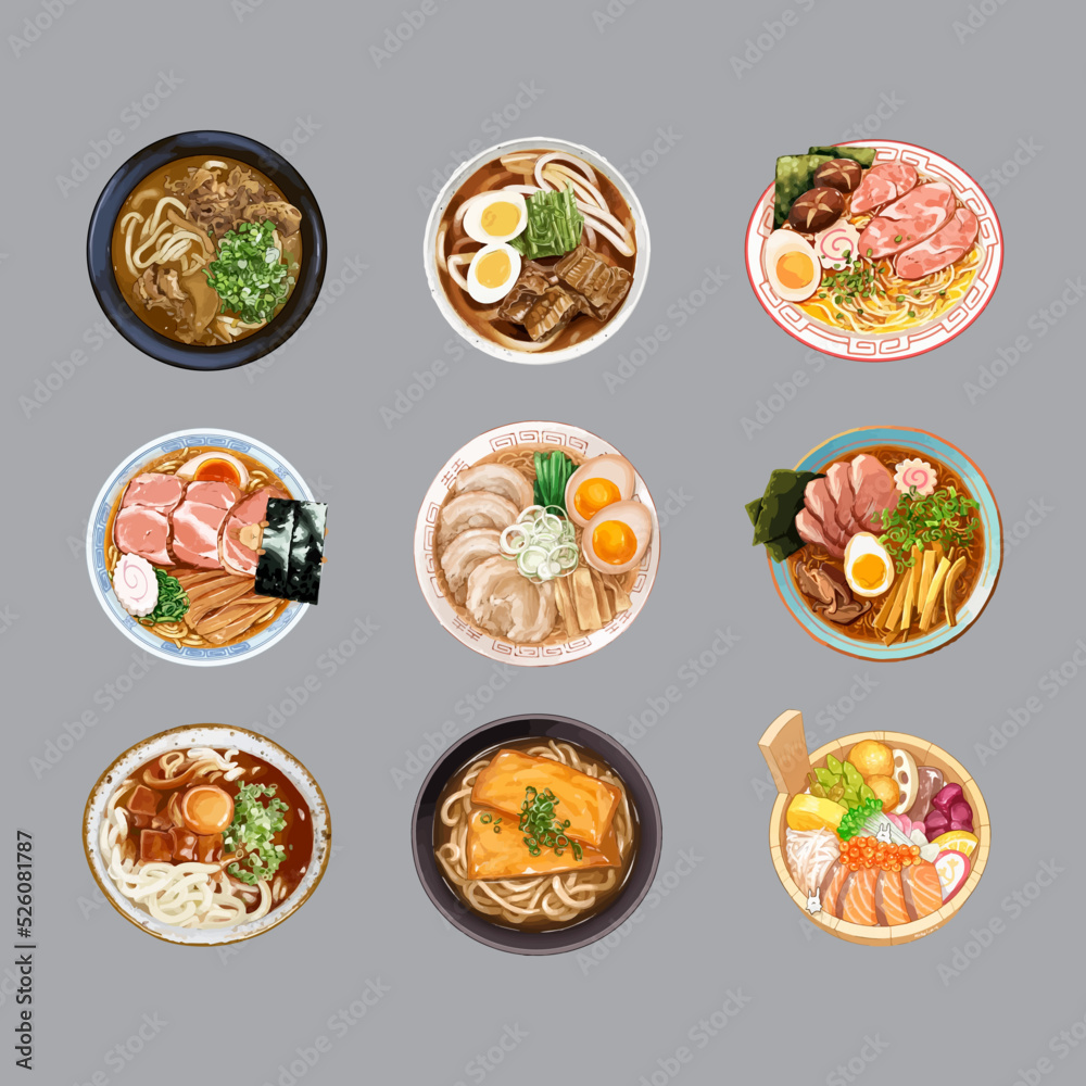 Beef ramen noodles - bowl with noodle, meat pieces and vegetables. Watercolor vector illustration Beef ramen noodles - bowl with noodle, meat pieces and vegetables. Watercolor vector illustration
