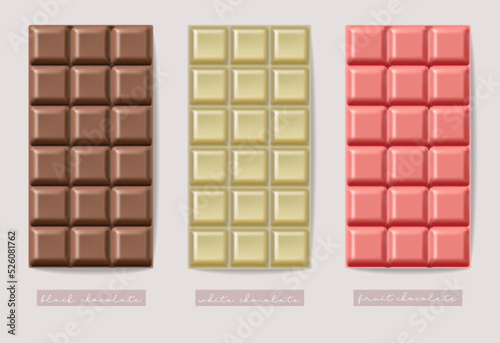 Realistic chocolates set vector, delicious dessert, milk chocolate isolated on white background collection, chocolate packaging mockup