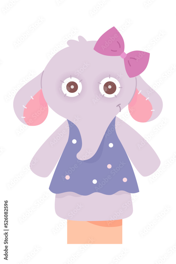 Cute elephant doll for puppet show, isolated girly zoo, wild animal character in garment