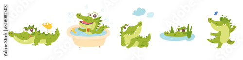 Cute crocodile characters set, funny alligator bathing, dancing and lying with friends
