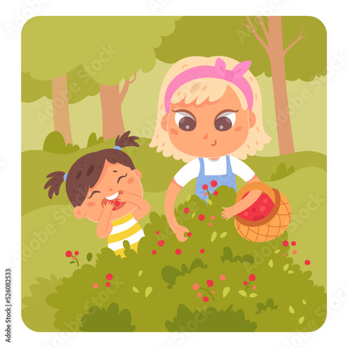 Girls picking and eating natural berries in summer forest  garden or park  holding basket