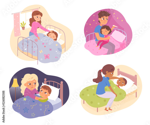 Parent sitting by bed of sick child set, care from mother and father to kid with fever