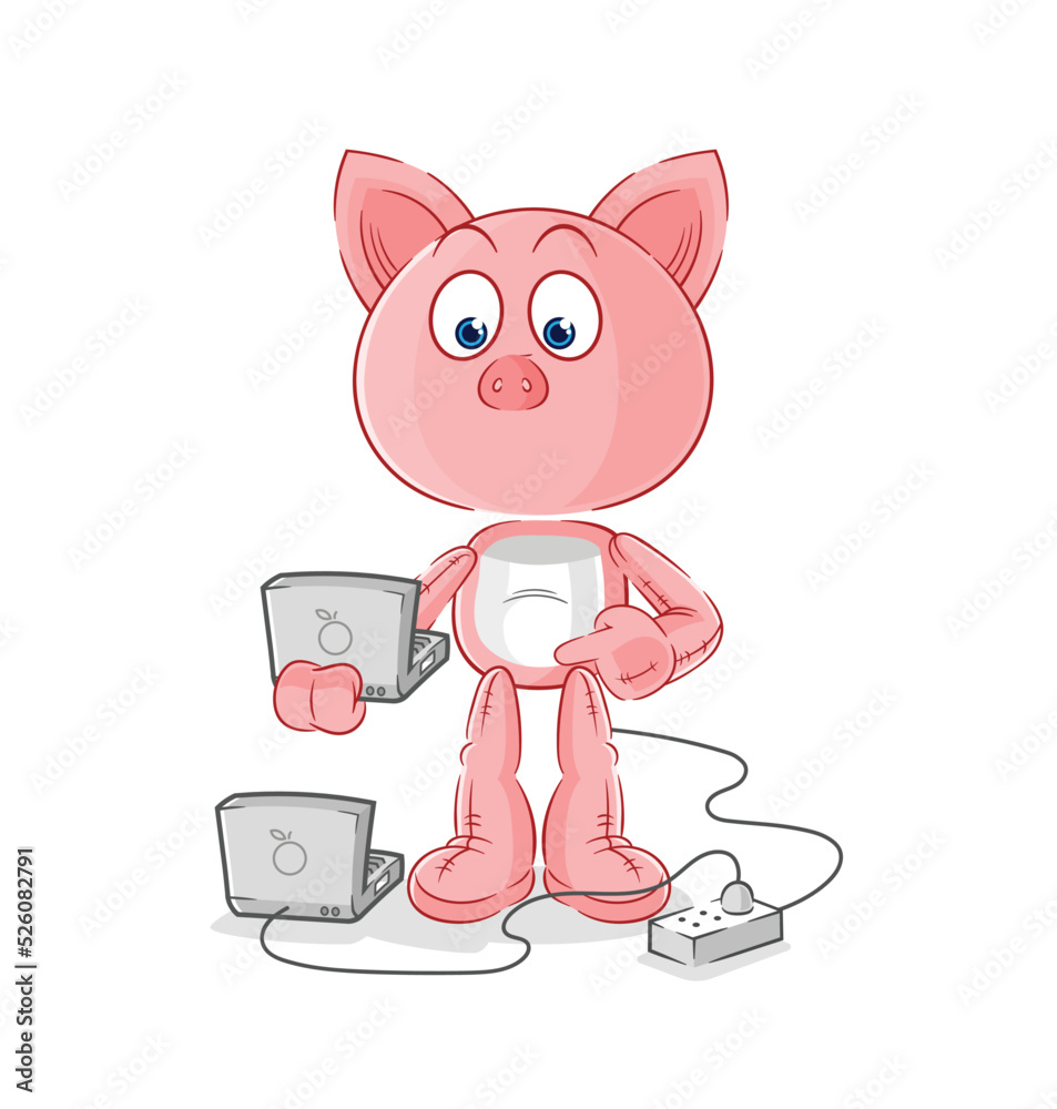 Fototapeta premium pig with laptop mascot. cartoon vector