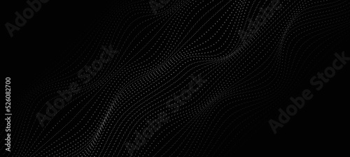 Flowing dots particles wave pattern white light isolated on black background. Vector in concept of technology, science, music, modern. Black Friday social sale banner background