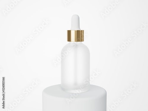 White glass cosmetic serum dropper bottle on podium 3D render, care product packaging