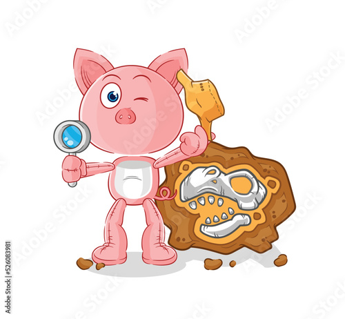 pig archaeologists with fossils mascot. cartoon vector