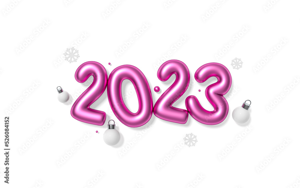 2023 luxury pink metallic happy new year and christmas ball ornaments decoration object group on white background 3d rendering. 3d illustration Pink colored number celebration Festive design concept 2023 luxury pink metallic happy new year and christmas ball ornaments decoration object group on white background 3d rendering. 3d illustration Pink colored number celebration Festive design concept