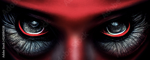3D Render Close up of scary eyes on black background.