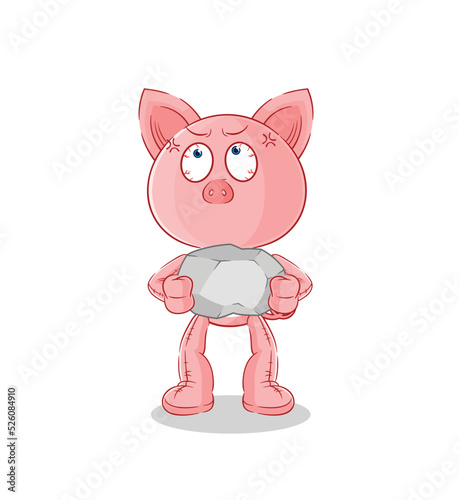 pig lifting rock cartoon character vector