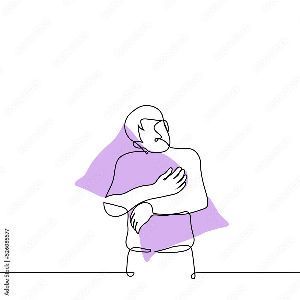man stands hugging a pillow - one line drawing vector. concept sleepy ...