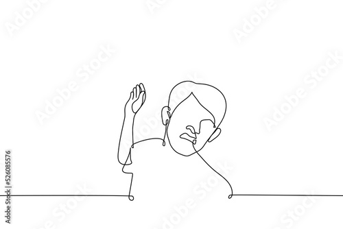 angry man swinging to strike - one line drawing vector. concept anger, aggressive man attacks viewer