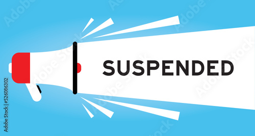 Color megaphone icon with word suspended in white banner on blue background