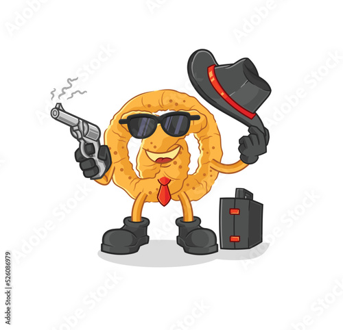 pretzel mafia with gun character. cartoon mascot vector