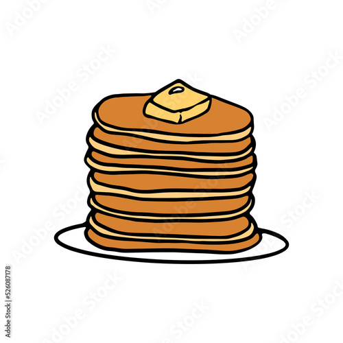 Cute hand drawn pancakes on a plate. Color image of pancakes in flat design. Dessert badge. Vector illustration.
