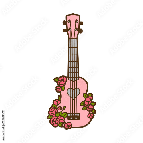 Cute hand drawn guitar with flowers. Color image of guitar in flat design. Guitar badge. Vector illustration.