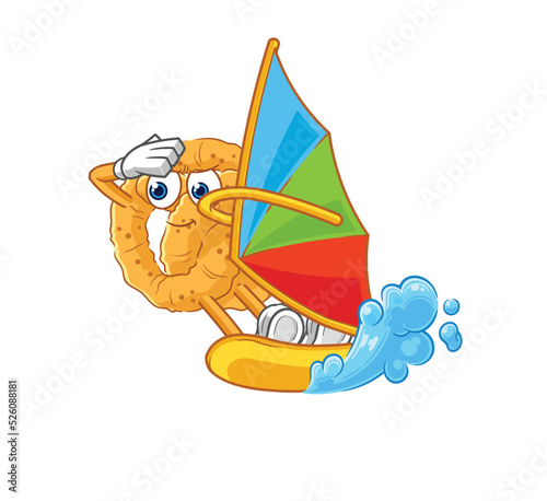 pretzel windsurfing character. mascot vector