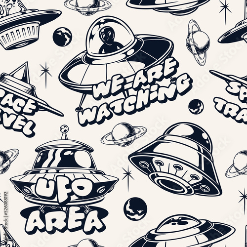 UFO vintage seamless pattern monochrome