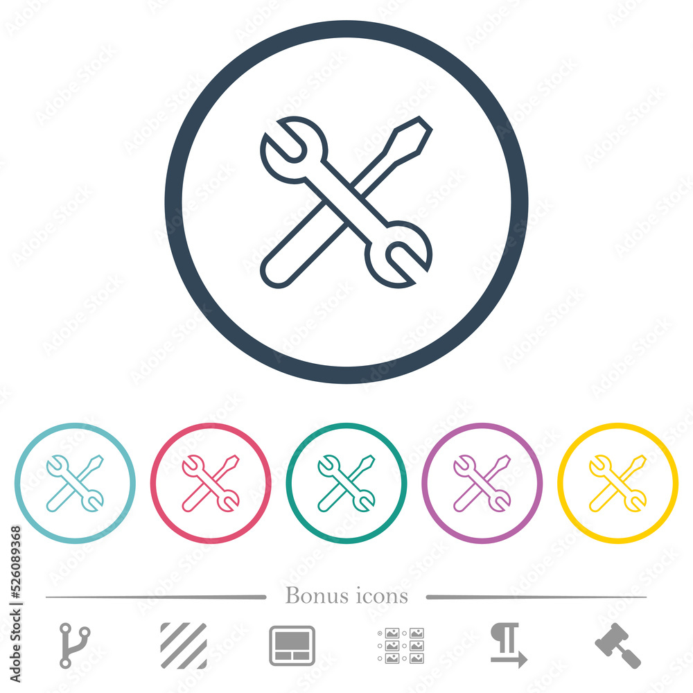 Crossed wrench and screwdriver outline flat color icons in round outlines Crossed wrench and screwdriver outline flat color icons in round outlines