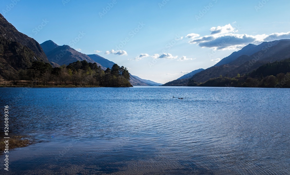 Beautiful Loch Shiel, Scotland, with blue sky and clouds above. A few ducks swim in the calm lake, with mountains surrounding.