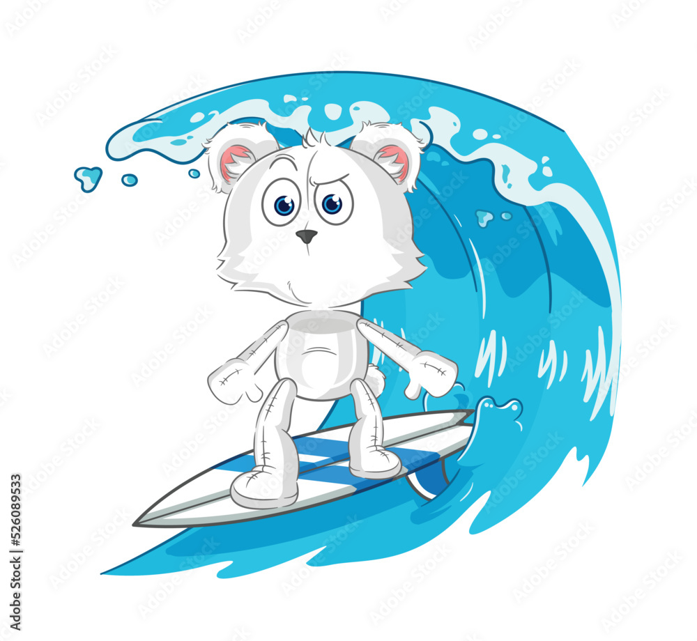 polar bear surfing character. cartoon mascot vector