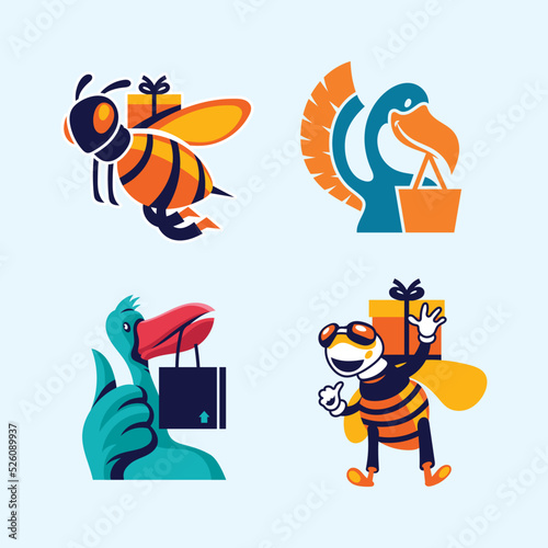 Set of animal mascot delivery order and shipping package