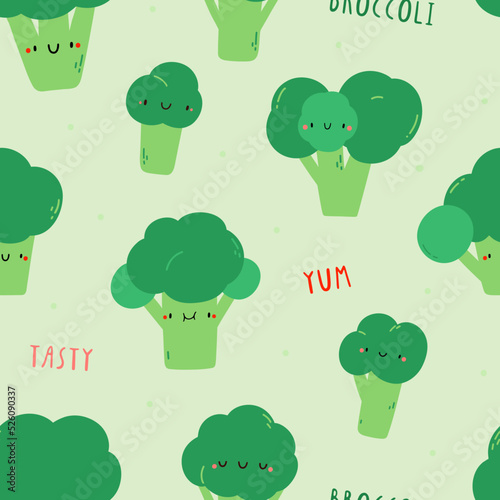 Cute vector pattern with Broccoli and words. Hand drawn vegetable texture. Seamless food background
