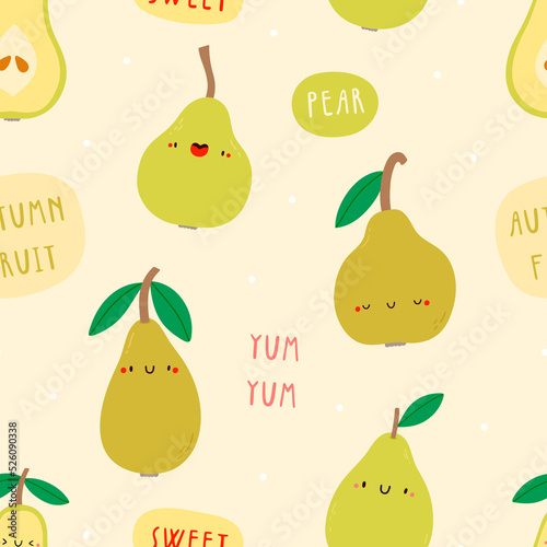 Cute pattern with Pears and words. Hand drawn fruits texture. Seamless food background 