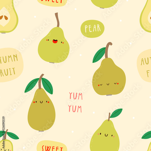 Cute vector pattern with Pears and words. Hand drawn fruits texture. Seamless food background 