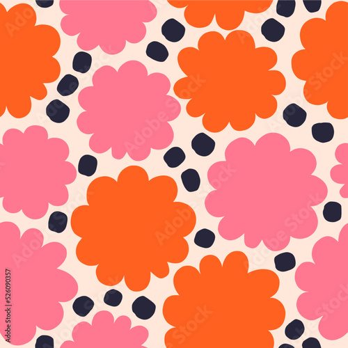 Vector abstract floral pattern. Cute and simple texture with hand drawn round shapes. Colorful background in retro style 