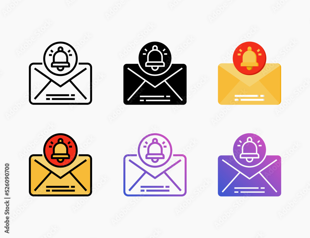 Email Notification icon set with different styles. Style line, outline, flat, glyph, color, gradient. Can be used for digital product, presentation, print design and more. Email Notification icon set with different styles. Style line, outline, flat, glyph, color, gradient. Can be used for digital product, presentation, print design and more.