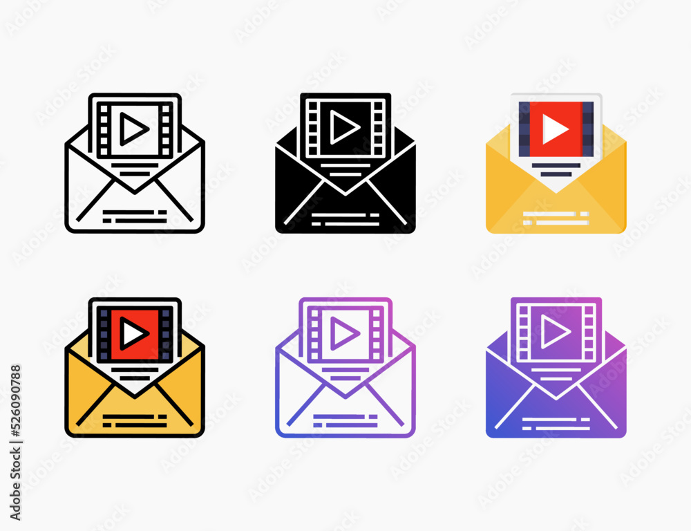 Video Mail icon set with different styles. Style line, outline, flat, glyph, color, gradient. Can be used for digital product, presentation, print design and more. Video Mail icon set with different styles. Style line, outline, flat, glyph, color, gradient. Can be used for digital product, presentation, print design and more.