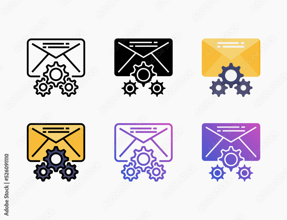 Setting Mail icon set with different styles. Style line, outline, flat, glyph, color, gradient. Can be used for digital product, presentation, print design and more. Setting Mail icon set with different styles. Style line, outline, flat, glyph, color, gradient. Can be used for digital product, presentation, print design and more.