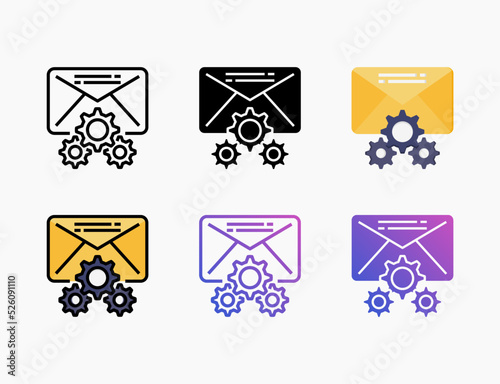 Setting Mail icon set with different styles. Style line, outline, flat, glyph, color, gradient. Can be used for digital product, presentation, print design and more.