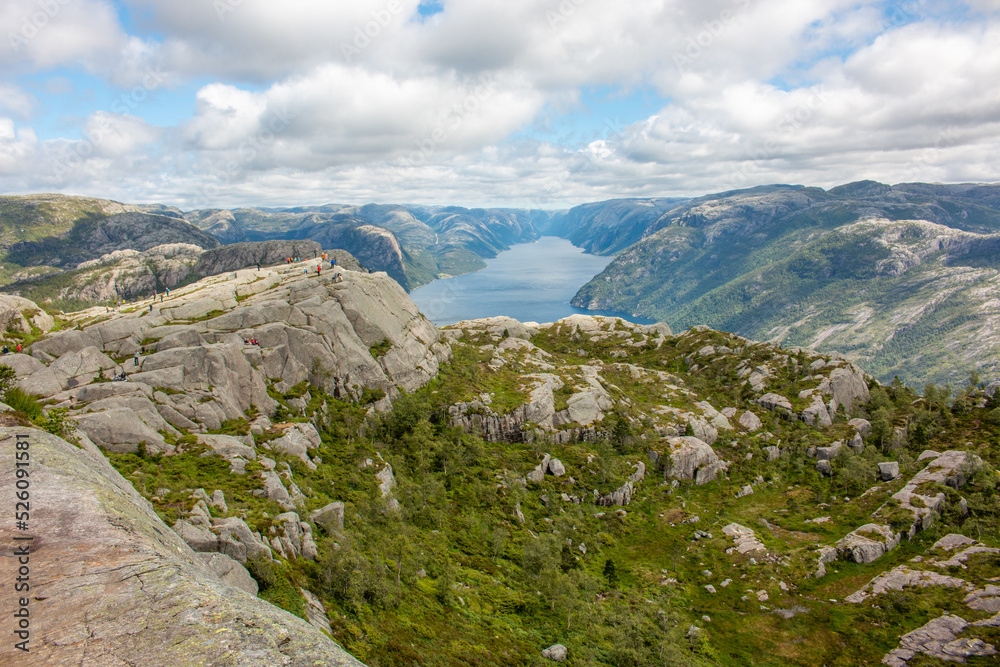 Fototapeta premium Rock Formations and Lysefjord landscape at Prekestolen (Preikestolen) in Rogaland in Norway (Norwegen, Norge or Noreg)
