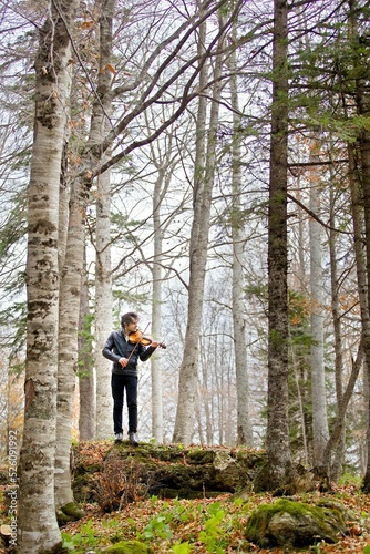 A violinist musician stands with a musical instrument in the forest.