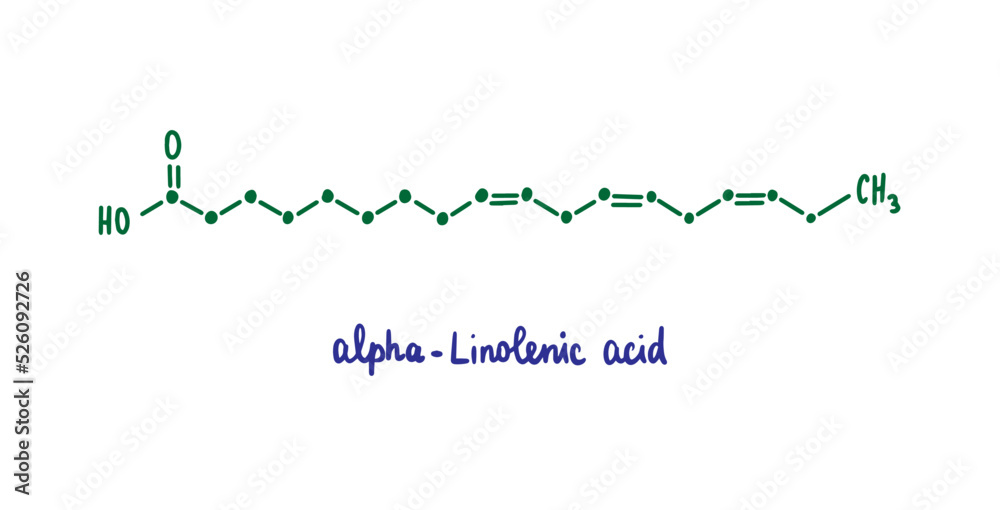 Alpha-linolenic acid hand drawn vector formula chemical structure lettering blue green