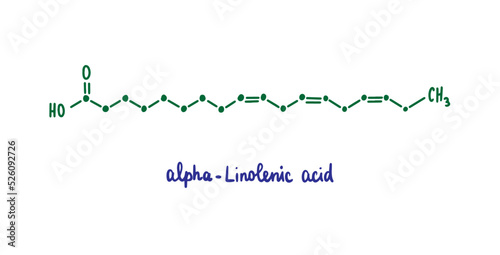 Alpha-linolenic acid hand drawn vector formula chemical structure lettering blue green