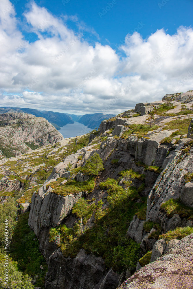 Rock Formations and Lysefjord landscape at Prekestolen (Preikestolen) in Rogaland in Norway (Norwegen, Norge or Noreg)